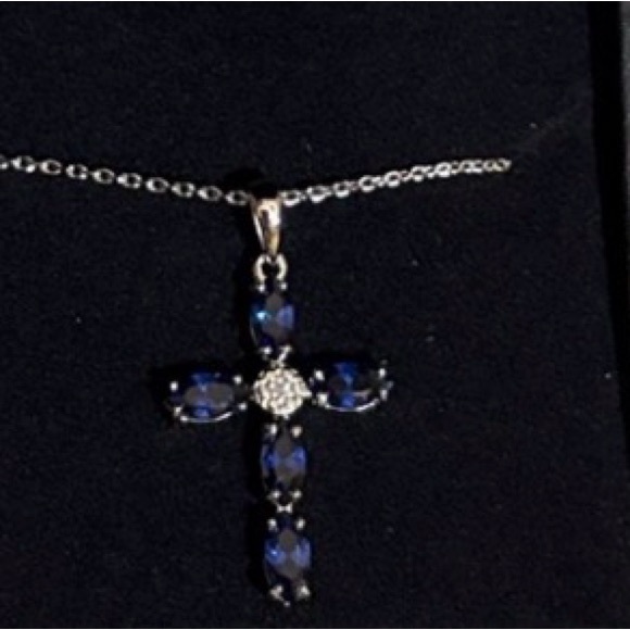 Jewelry - Marquis-cut Blue & White Sapphire Cross Necklace -Sterling Silver Authentic
-18”
